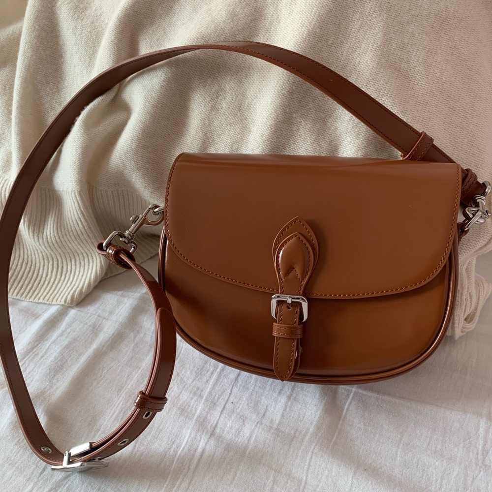 Patent Brown Leather Shoulder Bag BN